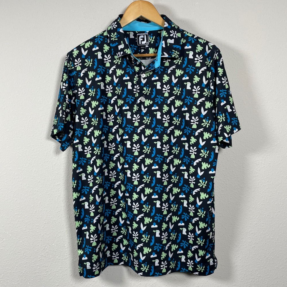 FootJoy Polo Athletic Fit Shirt Mens M Black Blue Green Abstract Print Resort